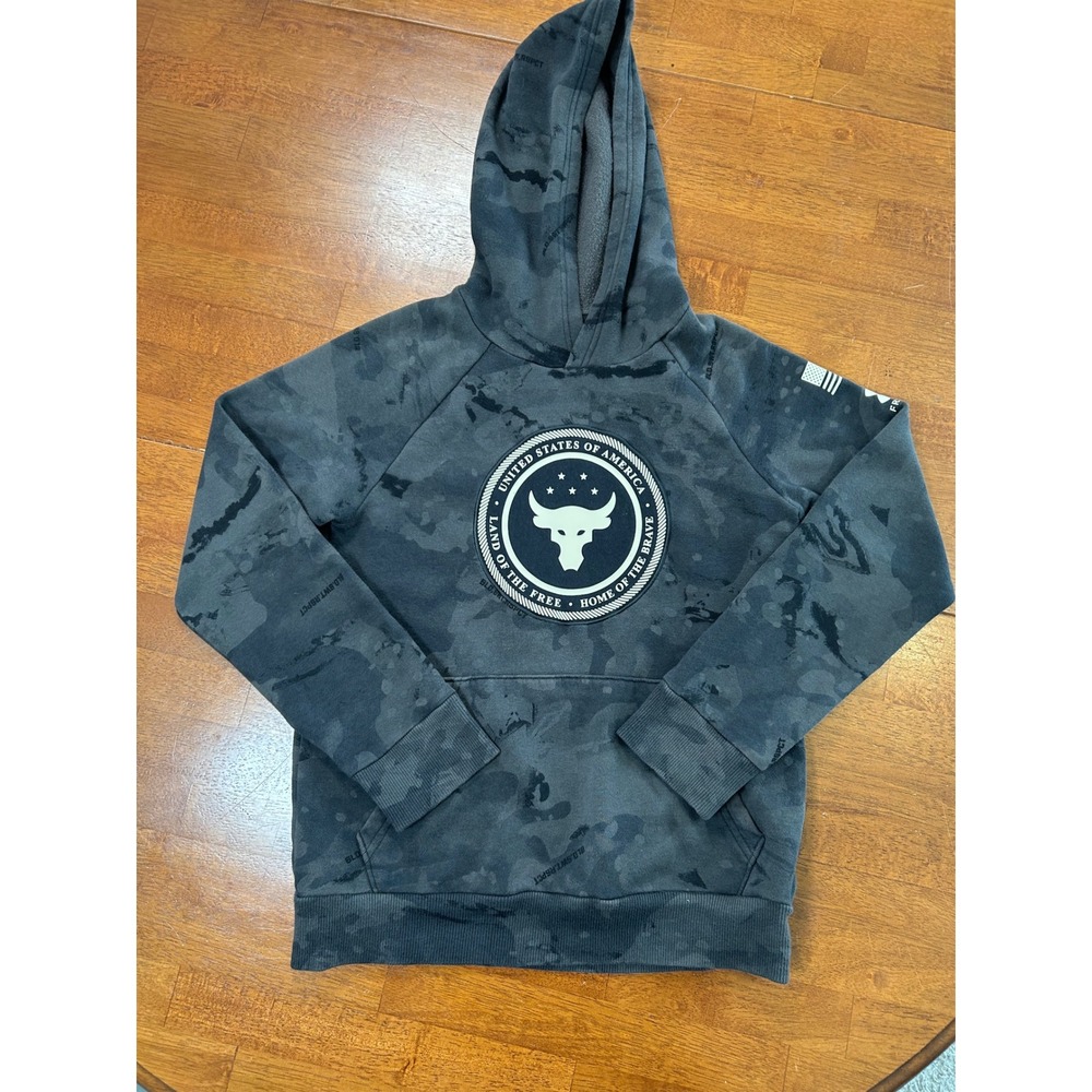 Under Armour Project Rock Hoodie Youth Medium Gray Camo Brahma Bull Fleece